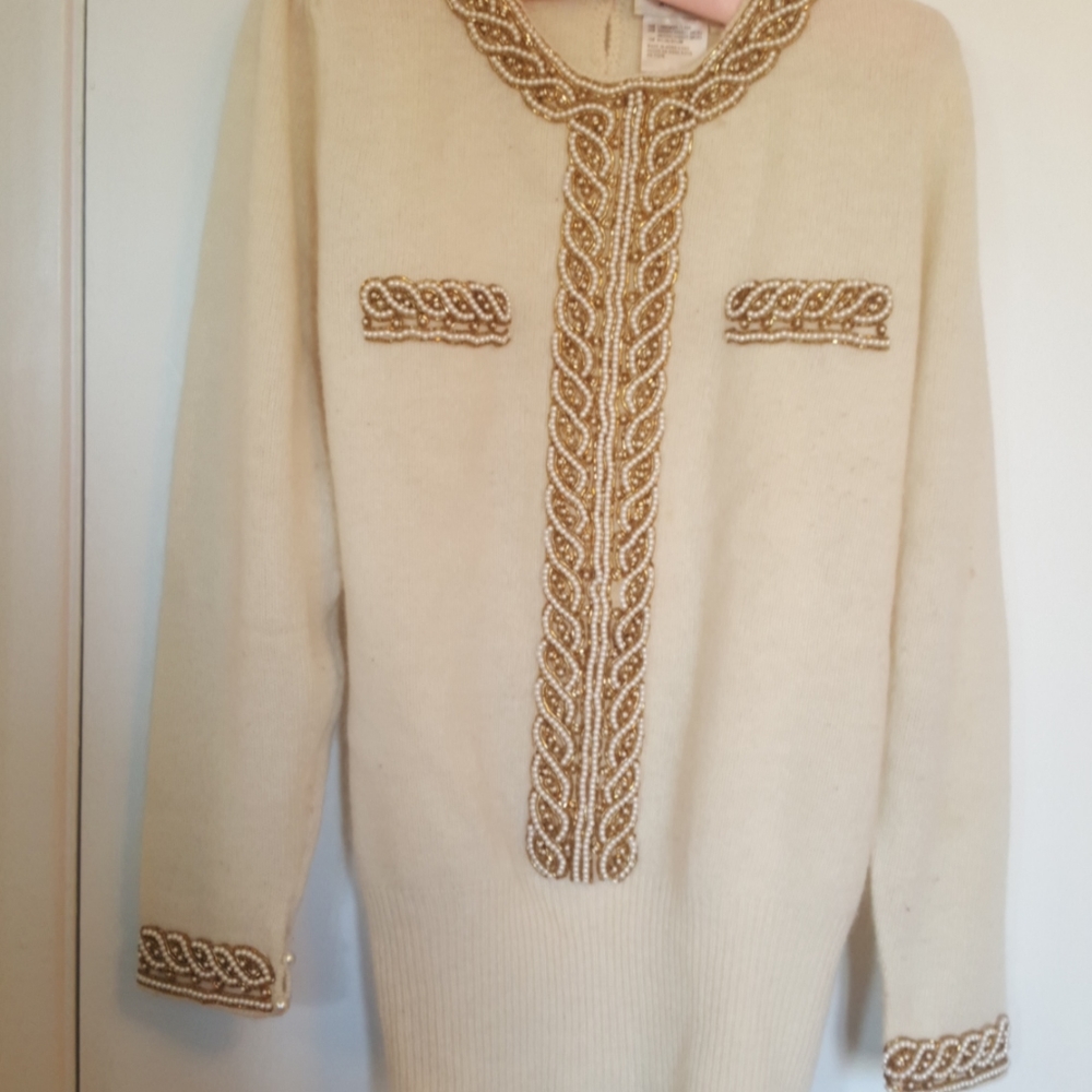 Dazzling off white wool beaded vintage sweater for Christmas & the holidays